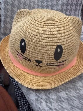 Kids Straw Cat Face Sun Hat with Pink Band